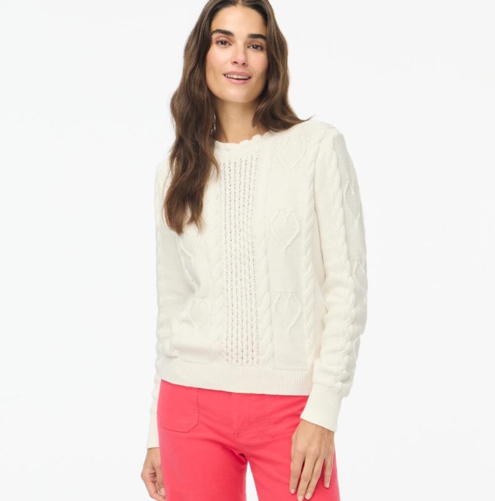 J.Crew Cable-Knit Hearts Crewneck Sweater WMNS S Cream Scalloped Neck Pullover